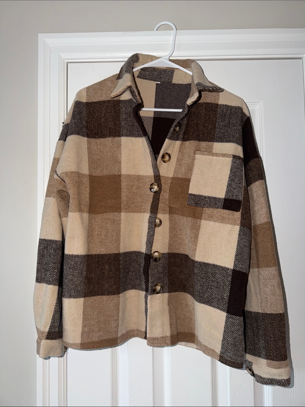 Plaid Button-Up Shacket in Cream and Brown